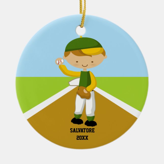 Cute Baseball Player in Green & Yellow Ornament (Front)