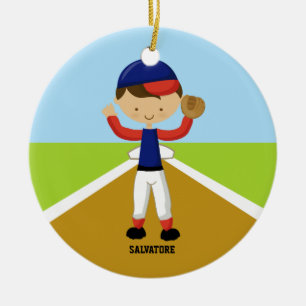 Cute Baseball Player in Red & Blue Ornament