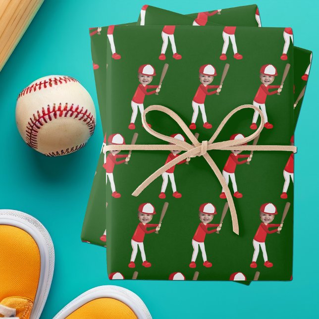 Cute Baseball Player Kids Photo Green Custom Wrapping Paper Sheets (Creator Uploaded)