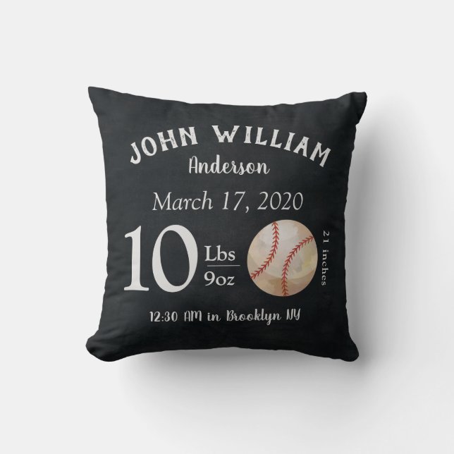 Cute Baseball Sports Ball Baby Birth Stats Nursery Throw Pillow (Front)