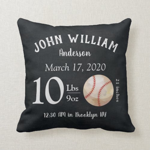 Cute Baseball Sports Ball Baby Birth Stats Nursery Throw Pillow