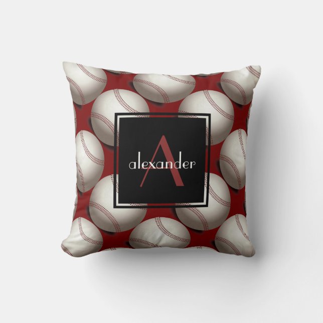 Cute Baseballs w Initial & Name, Customized Throw Pillow (Front)