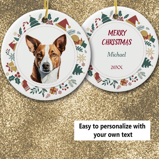 Cute Basenji Christmas Images Wreath Ceramic Ornament (Creator Uploaded)
