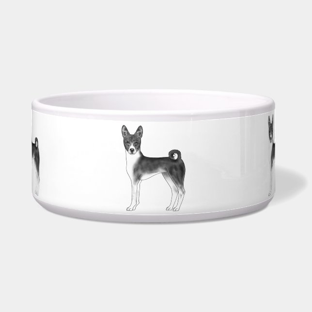 Cute Basenji Dog Illustration In Black And White Bowl (Front)