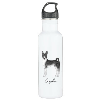 Cute Basenji Dog In Black And White &amp; Custom Name Stainless Steel Water Bottle