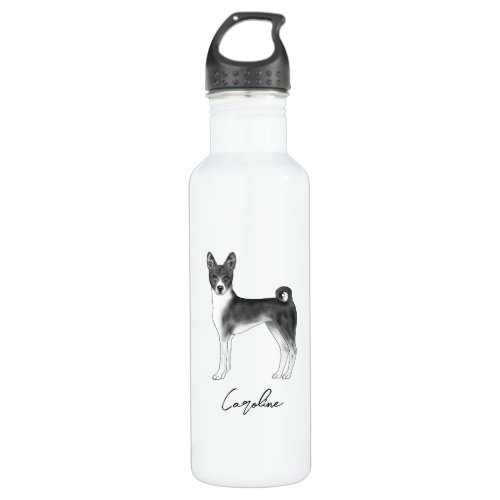 Cute Basenji Dog In Black And White  Custom Name Stainless Steel Water Bottle