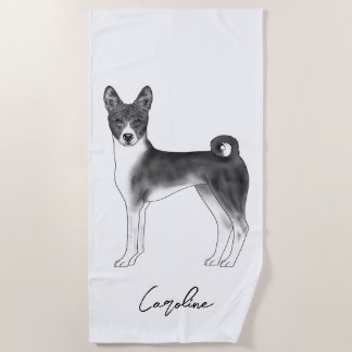 Cute Basenji Dog In Black And White &amp; Custom Text Beach Towel
