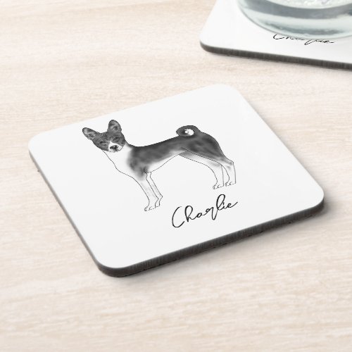 Cute Basenji Dog In Black And White  Custom Text Beverage Coaster