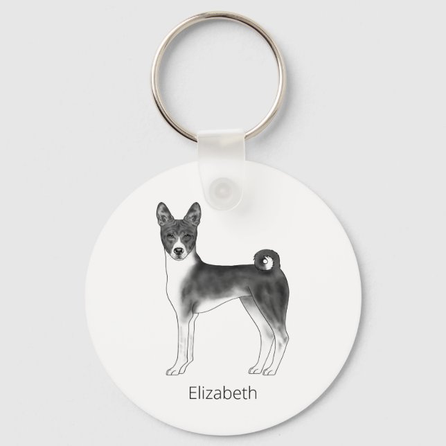 Cute Basenji Dog In Black And White & Custom Text Keychain (Front)