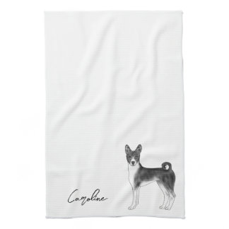 Cute Basenji Dog In Black And White &amp; Custom Text Kitchen Towel