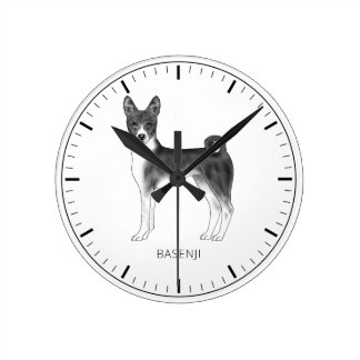 Cute Basenji Dog In Black And White &amp; Custom Text Round Clock