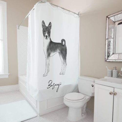 Cute Basenji Dog In Black And White  Custom Text Shower Curtain
