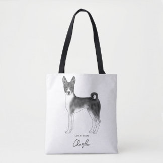 Cute Basenji Dog In Black And White &amp; Custom Text Tote Bag