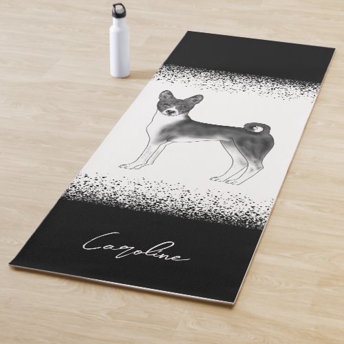 Cute Basenji Dog In Black And White  Custom Text Yoga Mat