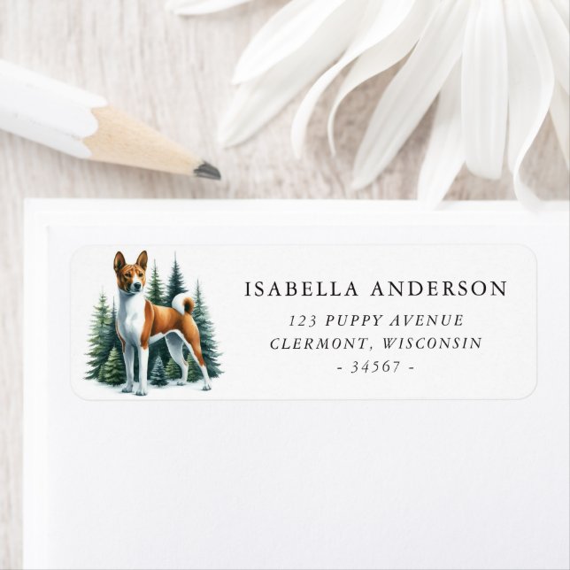 Cute Basenji Dog Winter Watercolor Address Label (Insitu)