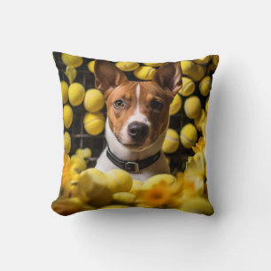 🐕 Cute Basenji puppy with Tennis balls Throw Pillow