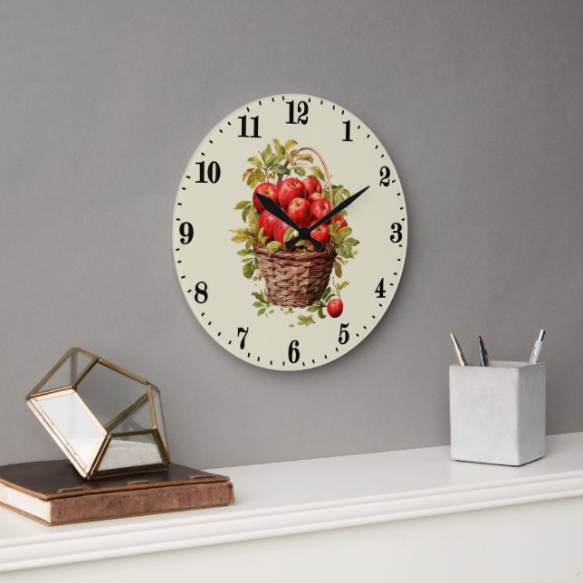 Cute basket apples kitchen large clock (Office)