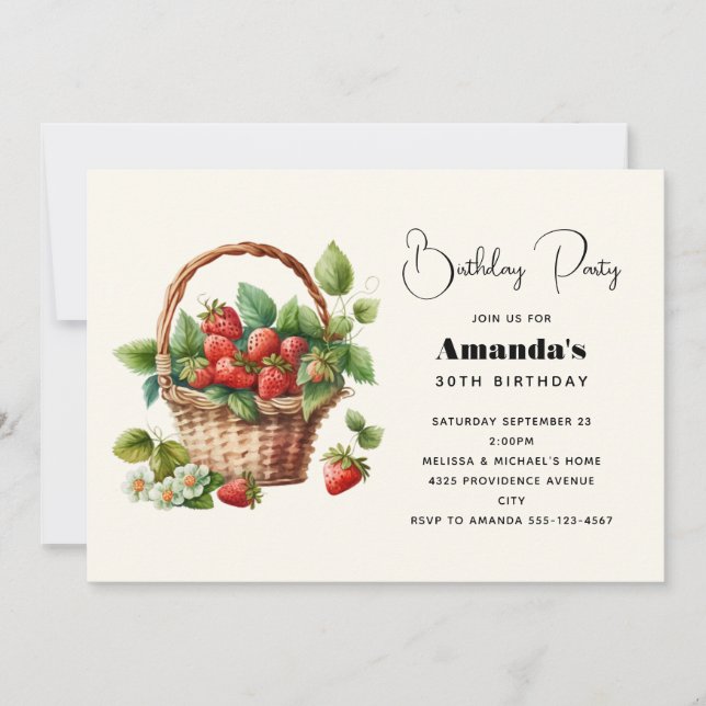 Cute Basket Full of Strawberries Birthday Invitation (Front)