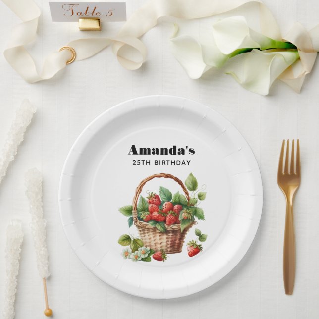 Cute Basket Full of Strawberries Birthday Paper Plates (Wedding)