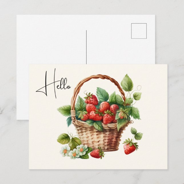 Cute Basket Full of Strawberries Hello Postcard (Front/Back)