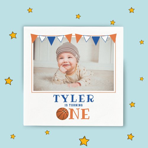 Cute Basketball 1st Birthday Photo Birthday Party Napkins