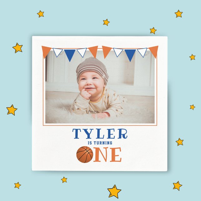Cute Basketball 1st Birthday Photo Birthday Party Napkins (Creator Uploaded)