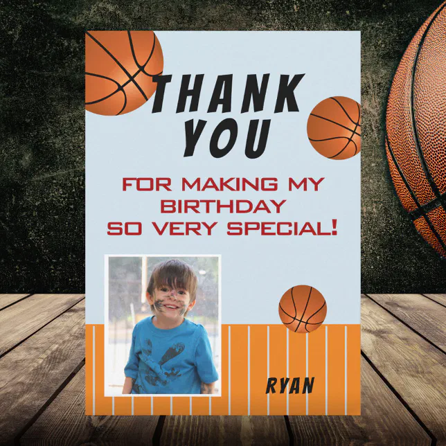 Cute Basketball Kids Birthday Photo Thank You Card | Zazzle