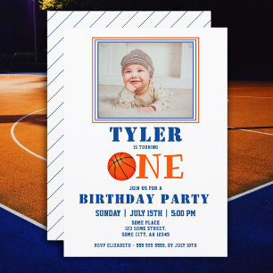 Cute Basketball Photo 1st Birthday Invitation
