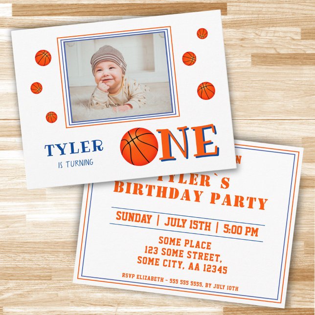 Cute Basketball Photo 1st Birthday Invitation Postcard (Creator Uploaded)