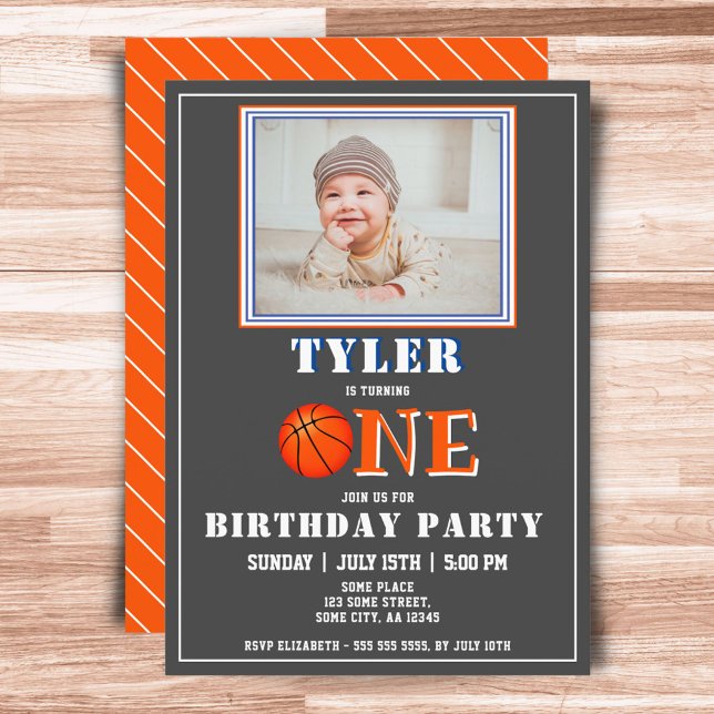 Cute Basketball Photo First Birthday Invitation (Creator Uploaded)