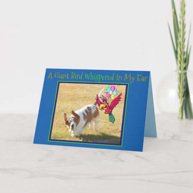 Cute Basset Hound & Bird on Funny Birthday Card (Front)