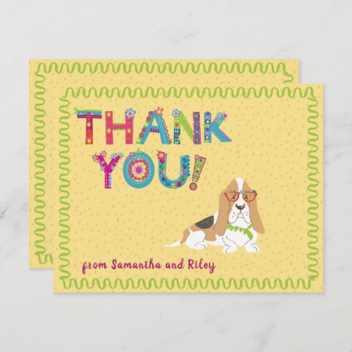 Cute Basset Hound Dog Colorful Floral Letters Thank You Card