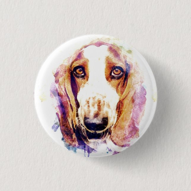 Cute Basset Hound Dog Face Pet Sketch Button (Front)