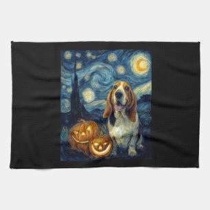 Cute Basset Hound Dog Halloween Jack O Lantern Pum Kitchen Towel