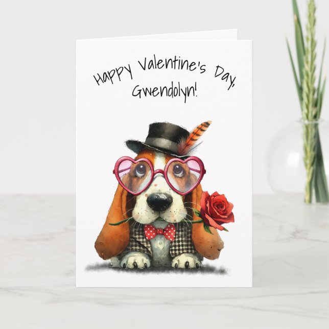 Cute Basset Hound Dog Happy Valentine's Day Card (Front)