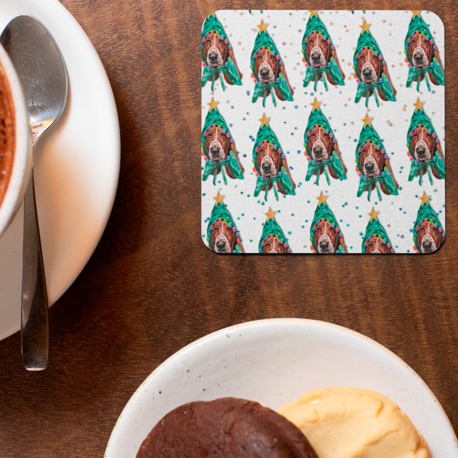 Cute Basset Hound Dog Pattern Christmas Square Paper Coaster (Creator Uploaded)