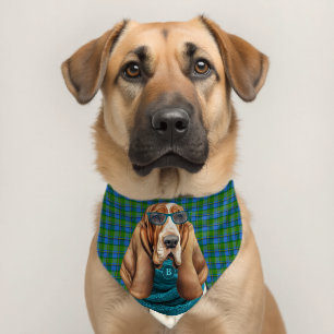 Cute Basset Hound Dog Teal Plaid Monogrammed Pet Bandana Collar