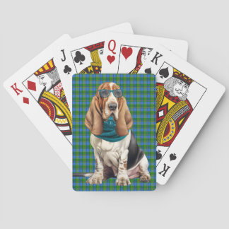 Cute Basset Hound Dog Teal Plaid Monogrammed Poker Cards