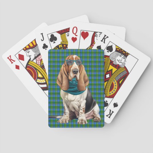 Cute Basset Hound Dog Teal Plaid Monogrammed Poker Cards