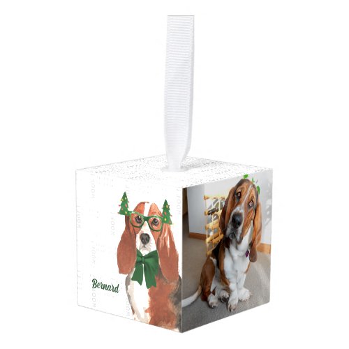 Cute Basset Hound Dog Two Photo Christmas Cube Ornament