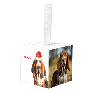 Cute Basset Hound Dog Two Photo Christmas Cube Ornament