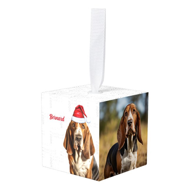 Cute Basset Hound Dog Two Photo Christmas Cube Ornament (Front Angled)