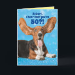 Cute Basset Hound Funny Custom Age Birthday Card<br><div class="desc">Cute Basset Hound with his ears raised up in the air and saying (Your Name),  I hear you're (add age)?! Inside: Wow! In dog years you would be dead! Glad you're not a dog. Happy Birthday! Funny card for dog lovers (especially Basset Hound lovers).</div>