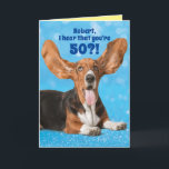 Cute Basset Hound Funny Custom Age Birthday Card<br><div class="desc">Cute Basset Hound with his ears raised up in the air and saying (Your Name),  I hear you're (add age)?! Inside: Wow! In dog years you would be dead! Glad you're not a dog. Happy Birthday! Funny card for dog lovers (especially Basset Hound lovers).</div>