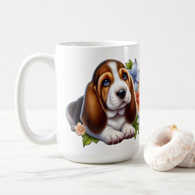 Cute Basset Hound Puppy Sitting with Flowers Coffee Mug (With Donut)