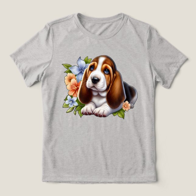 Cute Basset Hound Puppy Sitting with Flowers Tri-Blend Shirt (Design Front)