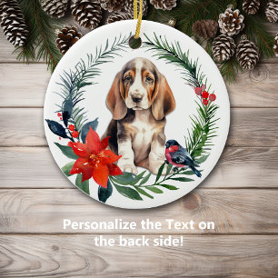 Cute Basset Hound Puppy Watercolor Poinsettia Ceramic Ornament