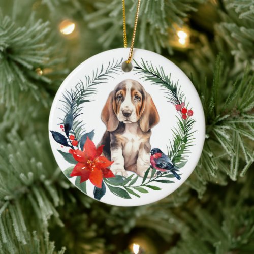 Cute Basset Hound Puppy Watercolor Poinsettia Ceramic Ornament