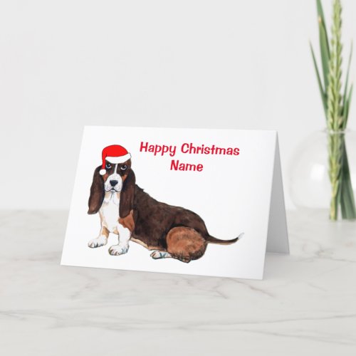 Cute Basset Hound Santa Hat Christmas Holiday Card
