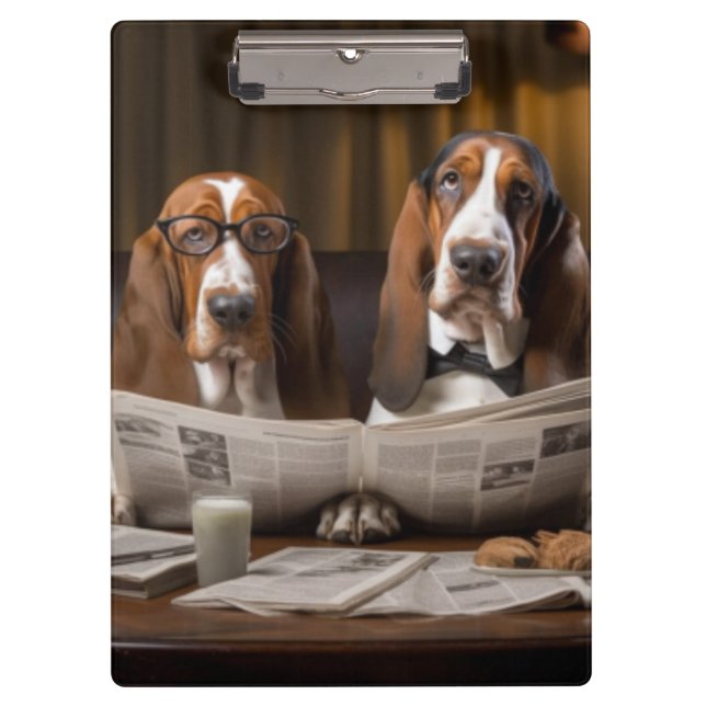 Cute basset hounds reading newspaper clipboard (Front)